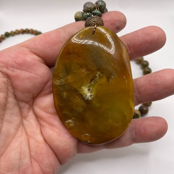 Handmade Carved Jade Beaded Necklace w/ Matching Unakite Bracelet, #403 - Picture 6 of 13